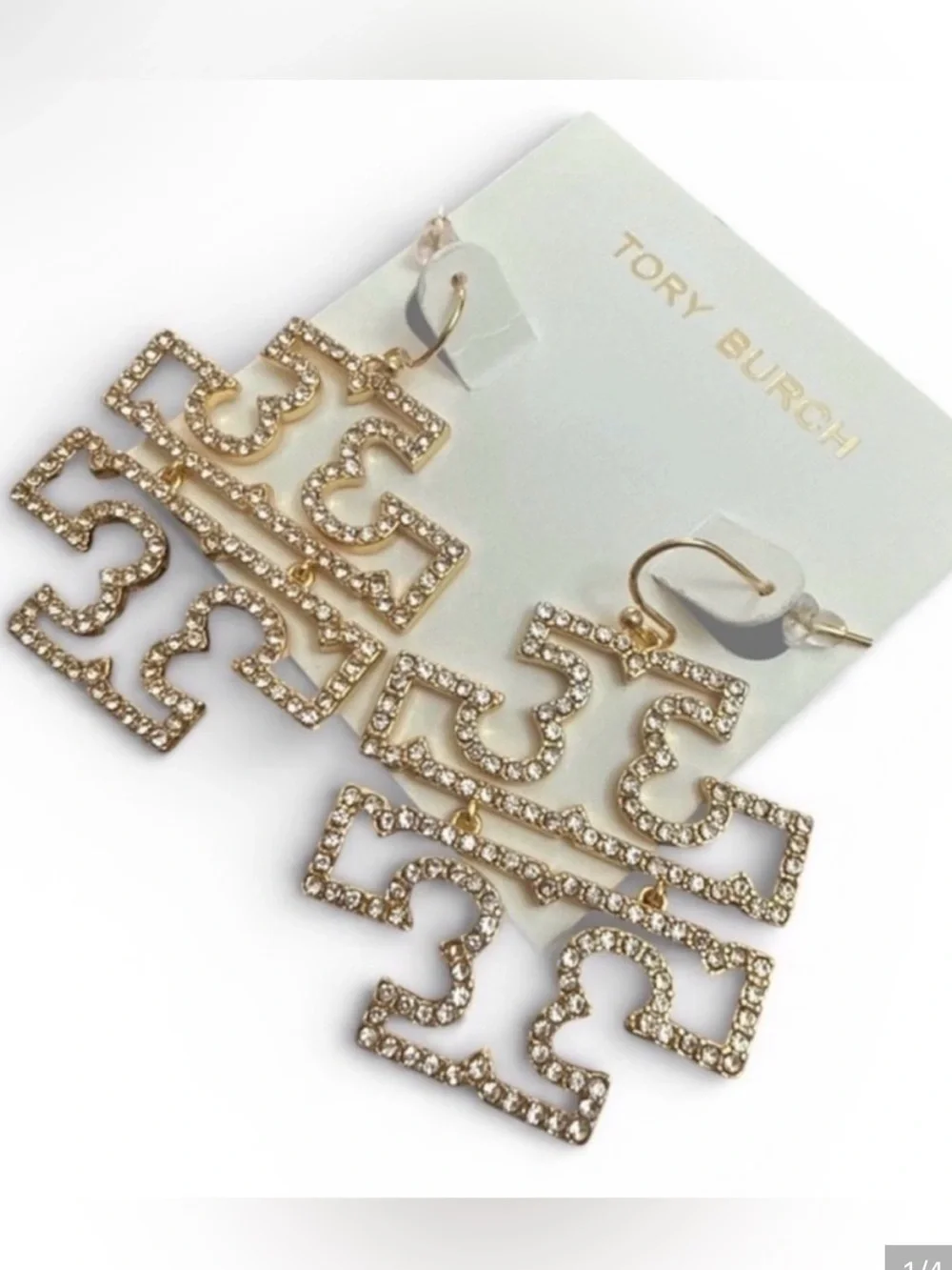 Tory Burch Gold Crystal Double-Tier Logo Drop Earrings NEW $129
